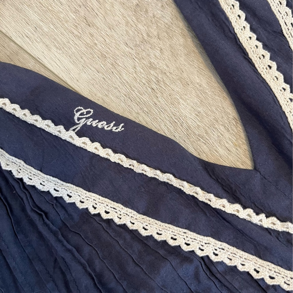 GUESS Retro Halter Midi Dress Navy Cotton With Cream Crochet and Embroidery Trim - Picture 6 of 12